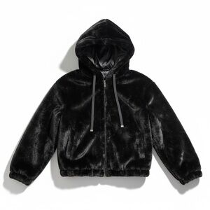 Black Faux Fur Zip Up Hoodie Jacket S/M Elastic Hem Cozy Plush